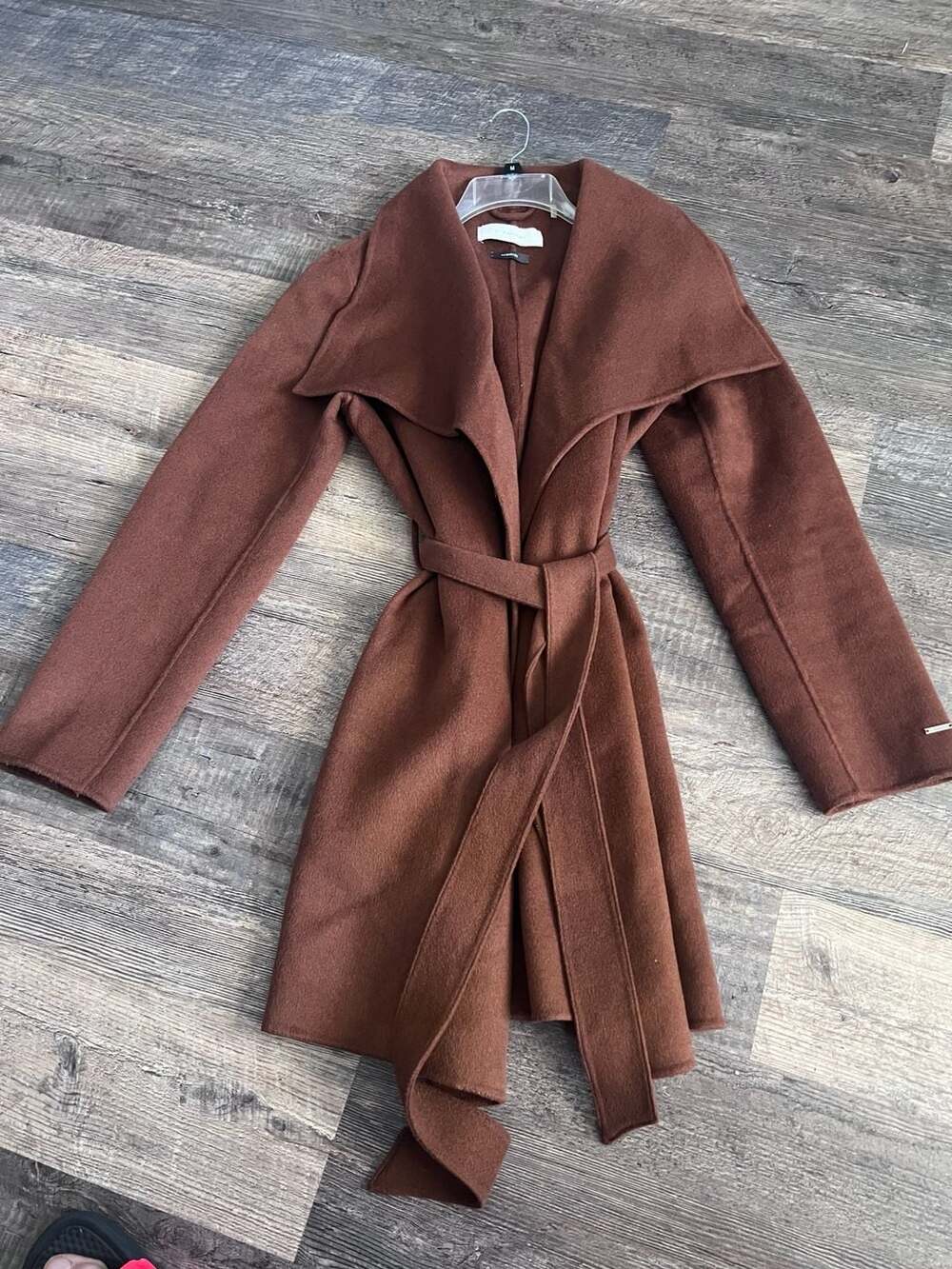 T Tahari Brown Handmade Wool Blend Belted Wrap Coat With Collar